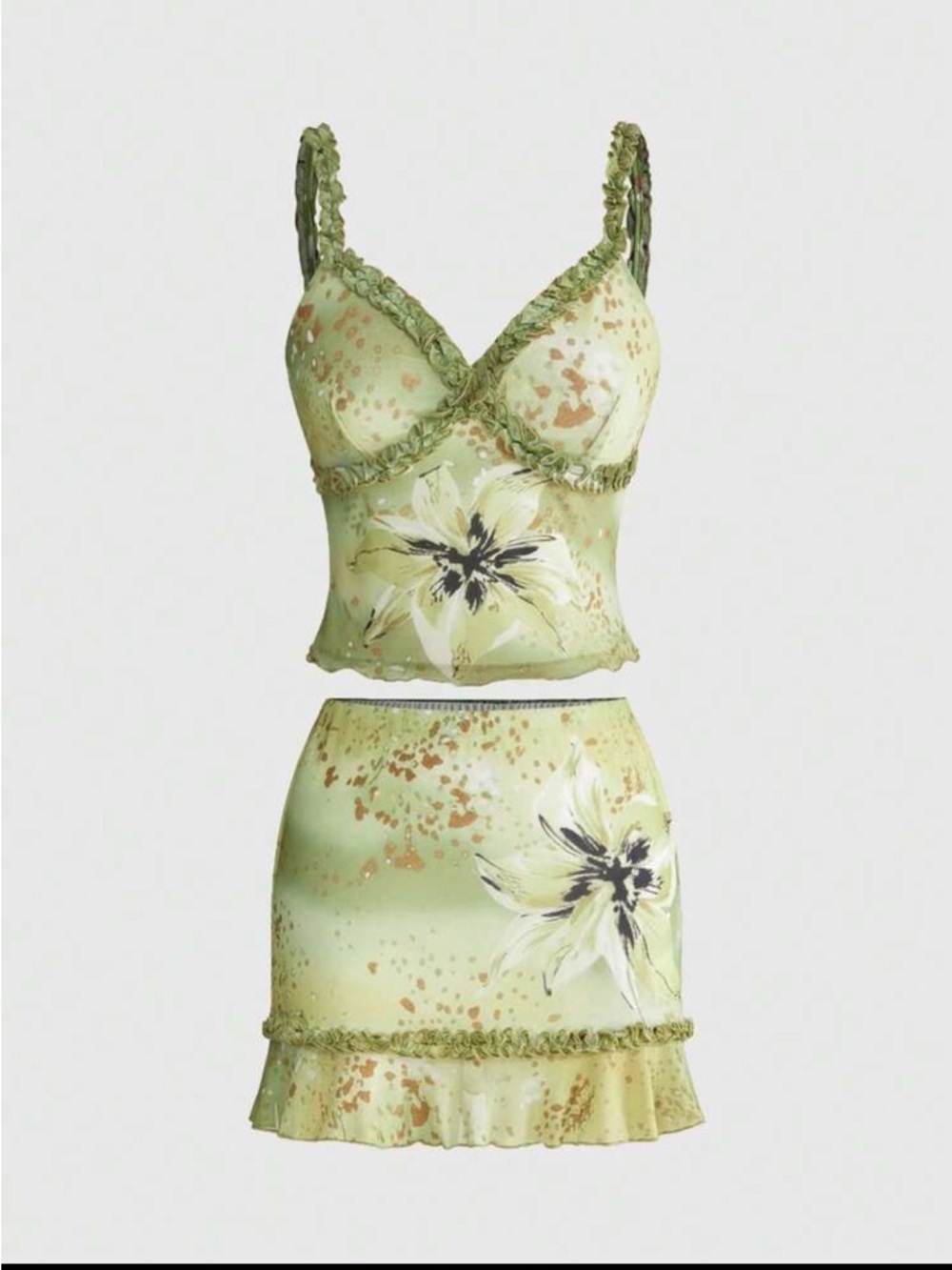 Green Floral Two-Piece Camisole and Skirt Set